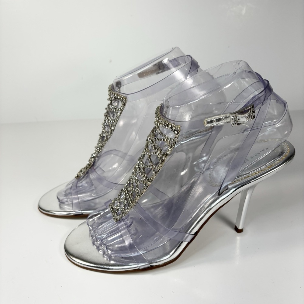 valerie steven Clear Spirkly Ladder  Silver Ankle Strap Stiletto Heels Size‎ 7